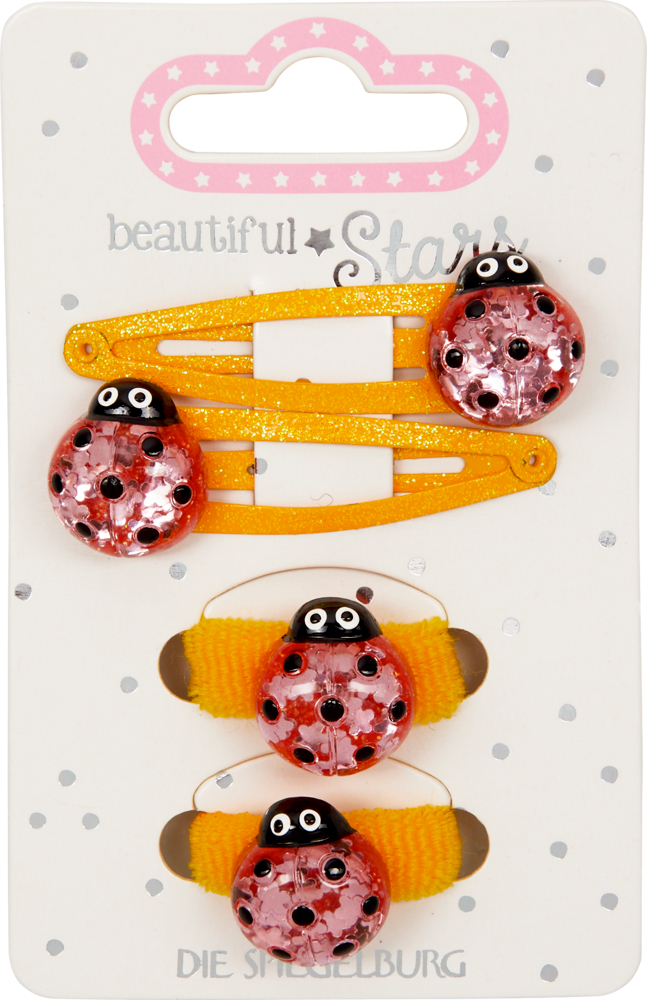 Gelbe Haarspangen und Haarbänder mit rosa Marienkäfer-Akzenten, präsentiert auf einer gepunkteten Karte.
