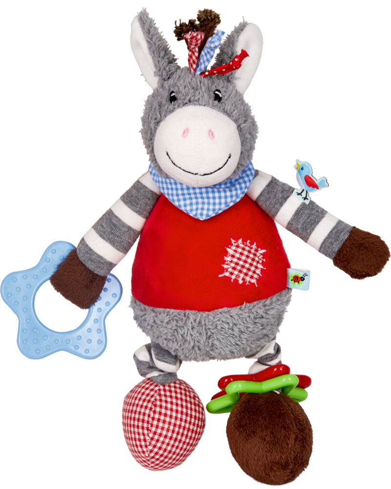 Activity-Esel - BabyGlück Plüsch-Eselspielzeug in einer roten Weste mit blauem Beißring, strukturierten Füßen und einem kleinen Vogel auf seinem Arm.