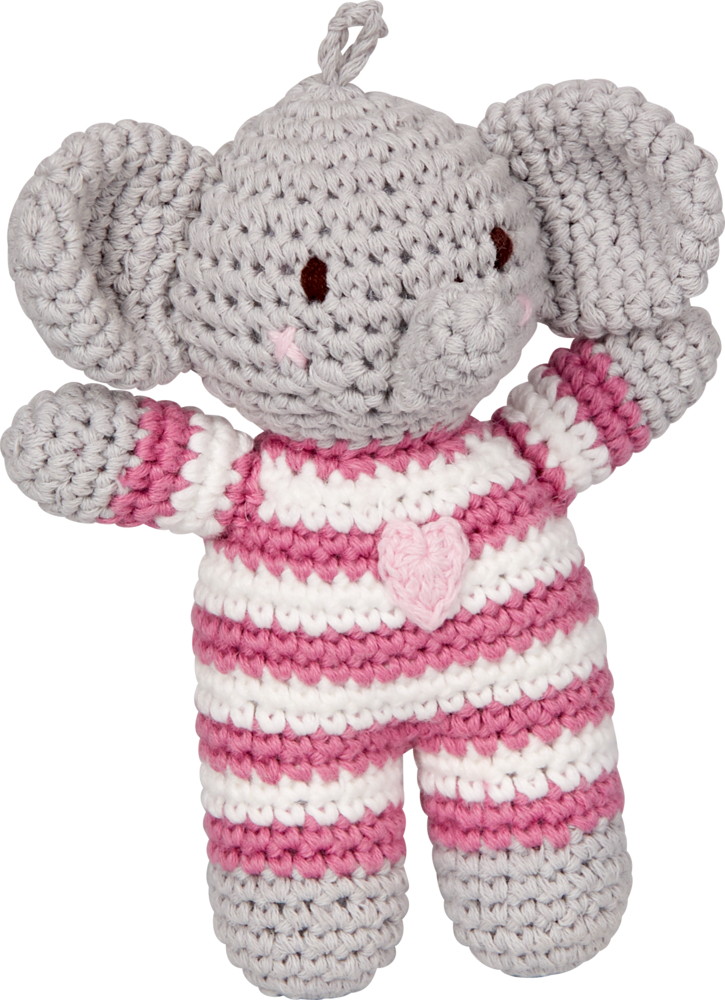 Häkel-Rassel Elefant, rosa - BabyGlück Grau gehäkeltes Elefantenspielzeug mit rosa und weiß gestreiftem Körper und einem kleinen Herz auf der Brust.