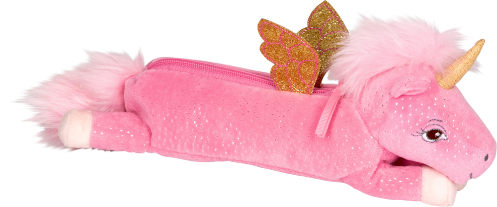 Stifteetui (Einhorn) - Einhorn-Paradies Pinkes Plüsch-Etui in Einhornform mit goldenem Horn, Glitzerflügeln und Rückenreißverschluss.