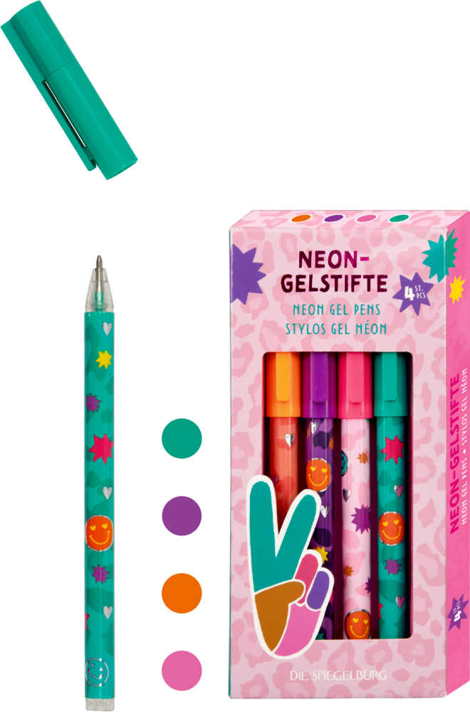 Set mit 4 bunten Neon-Gelstiften in einer Schachtel, einer ohne Kappe, mit abgebildeten Farbpunkten von vier Stiften.