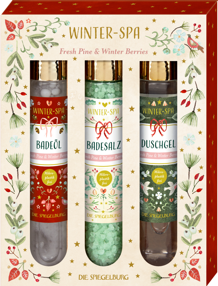 Winter Spa-Geschenkset mit Badeöl, Badesalz und Duschgel in festlicher Verpackung mit Blattmuster.