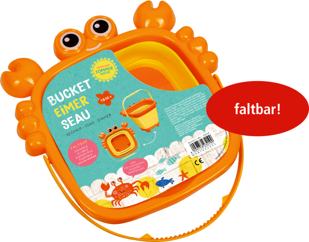 Orange Eimer in Krebsform mit Henkel, zusammengefaltet und verpackt, rotes faltbar! Etikett sichtbar.