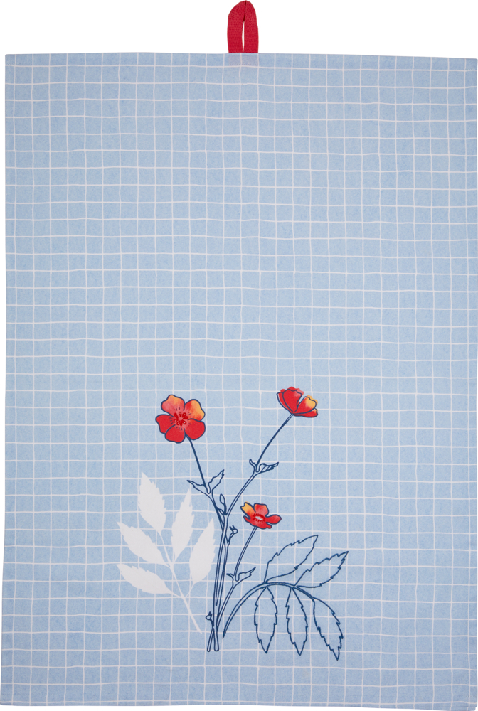 Geschirrtuch Blume aus Baumwolle - LandLust Hellblau kariertes Geschirrtuch mit einem einfachen handgezeichneten Muster aus Blättern und Blumen.