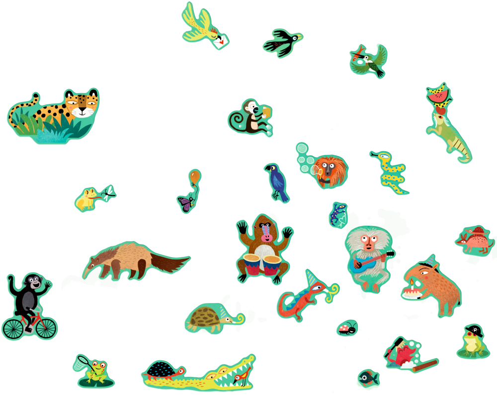 Bunte Dschungeltiere wie Affen, Vögel, Jaguar, Krokodil und Ameisenbär einzeln auf weißem Hintergrund.