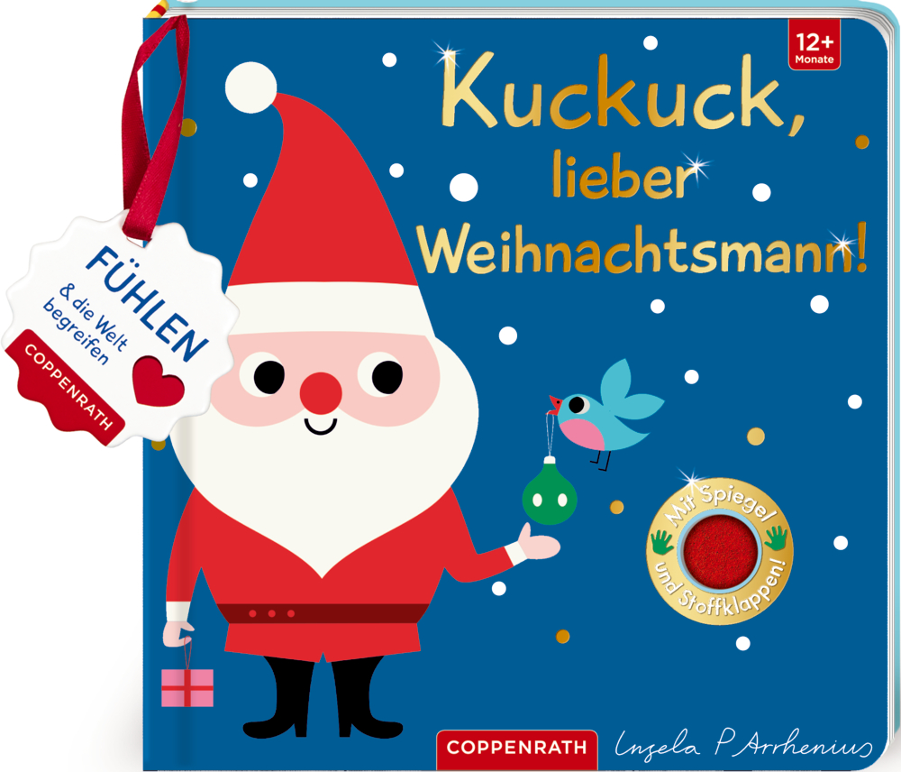 Mein Filz-Fühlbuch: Kuckuck, lieber Weihnachtsmann! (F.&b.) Illustration: Weihnachtsmann mit grüner Weihnachtskugel, Vogel und Deko auf blauem Buchcover.
