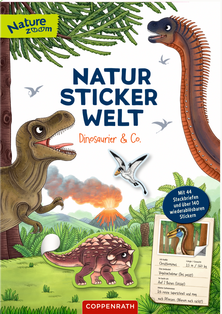 Buntes Buchcover mit gezeichneten Dinosauriern, Bäumen und Text: Natur Sticker Welt, Dinosaurier & Co.