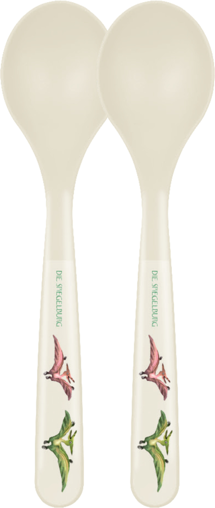 Zwei cremefarbene Löffel mit Dinosaurier-Illustrationen und „DIE SPIEGELBURG“-Aufdruck auf den Griffen.