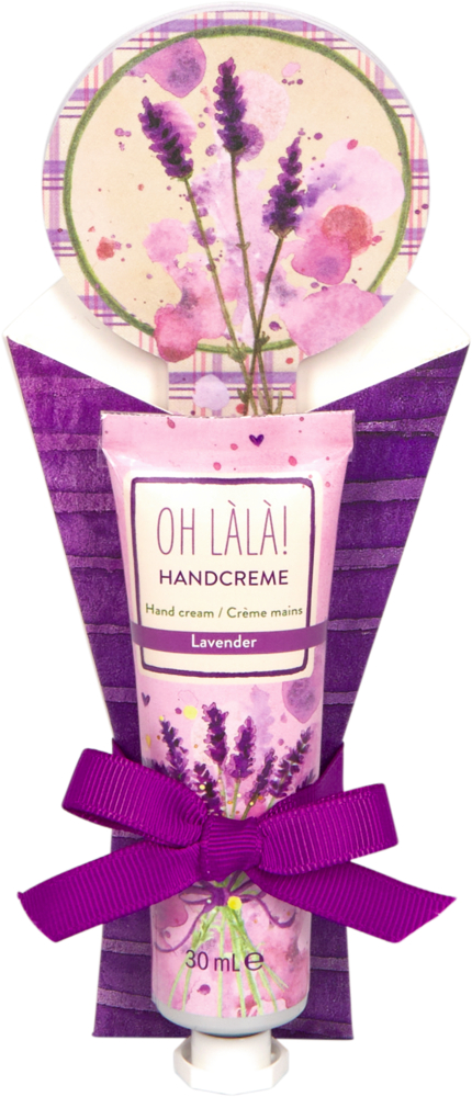 Lavendel-Handcreme in rosa Tube mit lila Schleife und floraler Verpackung, beschriftet mit OH LÀLÀ! HANDCREME.