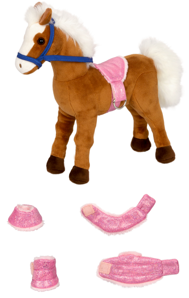 Braunes Plüschpferd mit daneben liegendem, rosafarbenem Zubehör.