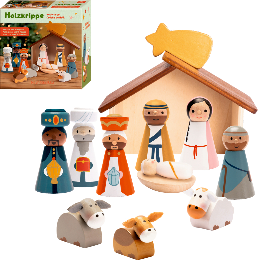 Holzkrippe mit Stall, Figuren von Maria, Josef, Jesuskind, die Heiligen Drei Könige, Hirte, Ochs, Esel und Schaf, Verpackung im Hintergrund.
