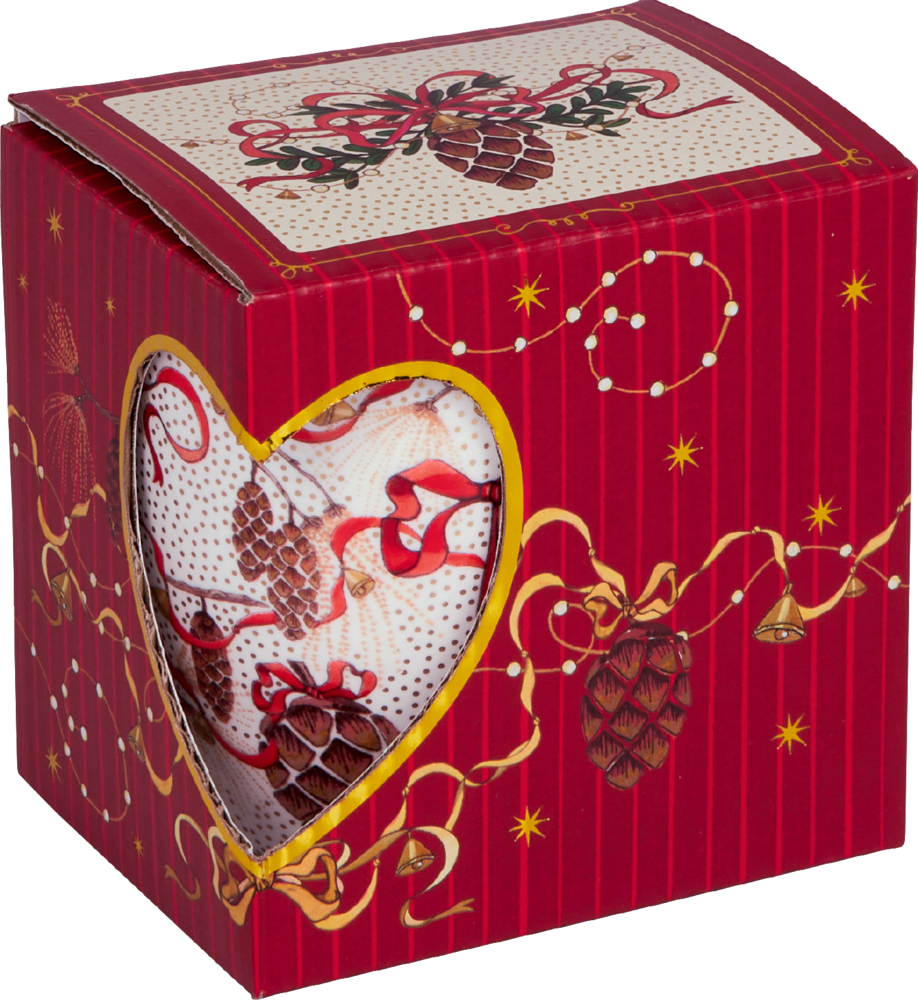 Rote Geschenkbox mit Tannenzapfen- und Schleifendekor, herzförmige Aussparung mit sichtbarer Tasse im gleichen Muster.