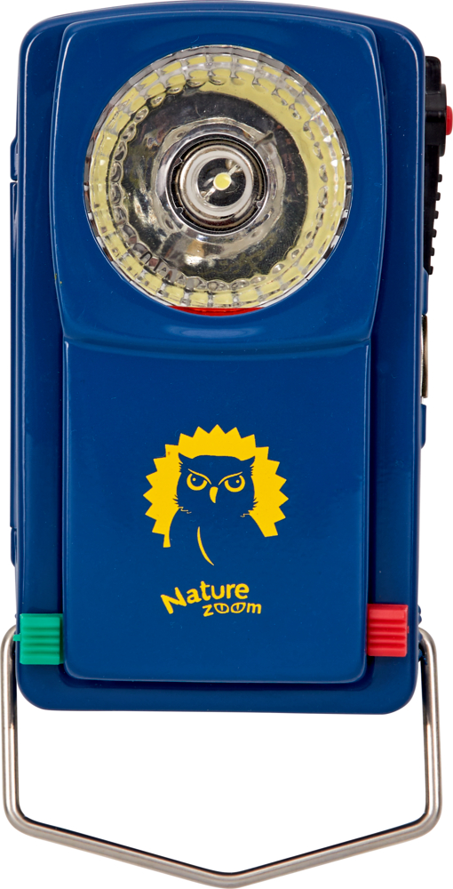 Morselampe - Nature Zoom Blaue Lampe mit Eulenlogo von Nature Zoom, roten und grünen Knöpfen und einem silbernen Griff.