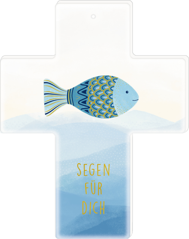 Kreuz mit Fischabbildung und Text „Segen für dich“ auf blau-weißem Hintergrund.