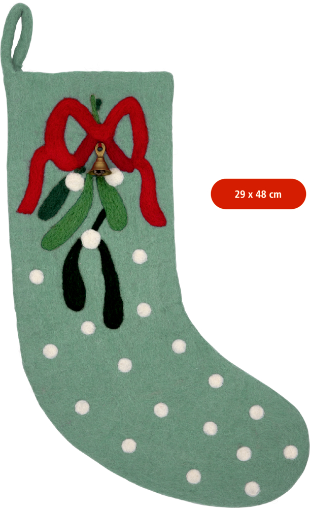 Mintgrüne Filz-Weihnachtsstrumpf mit weißen Punkten, roter Schleife, Mistelzweig und kleiner Glocke, Größe 29 x 48 cm.