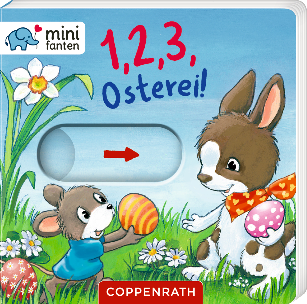 Eine Maus und ein Hase halten Ostereier auf einer Wiese mit Blumen, darüber steht 1,2,3, Osterei!.