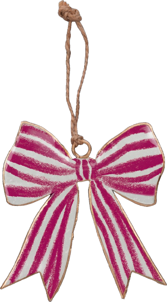 Metallschleife mit pink-weißen Streifen und brauner Kordel zum Aufhängen.