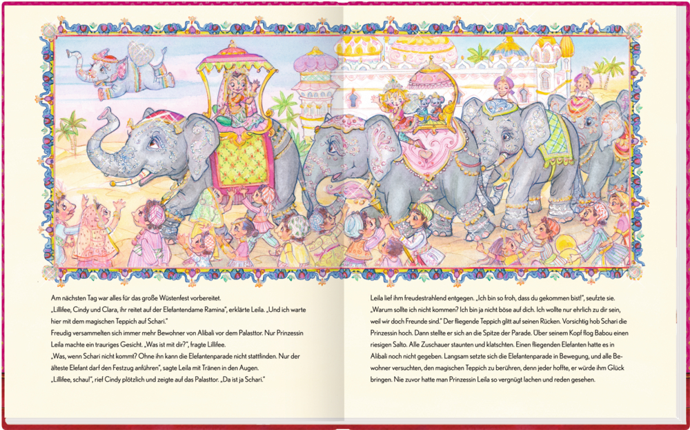 Farbenfrohe Parade: Elefanten, Menschen in leuchtenden Kostümen und im Hintergrund ein festlicher Palast.