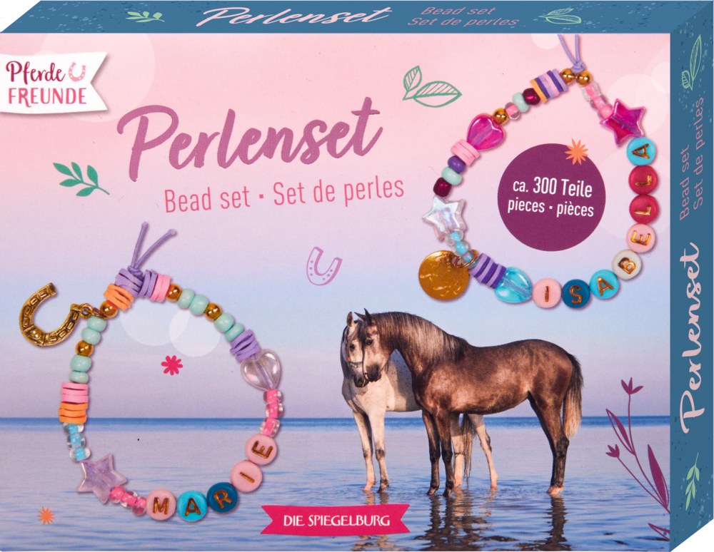 Perlenset - Pferdefreunde Perlenset-Box: zwei Perlenarmbänder, zwei Pferde am Wasser, mit deutschem und englischem Text.