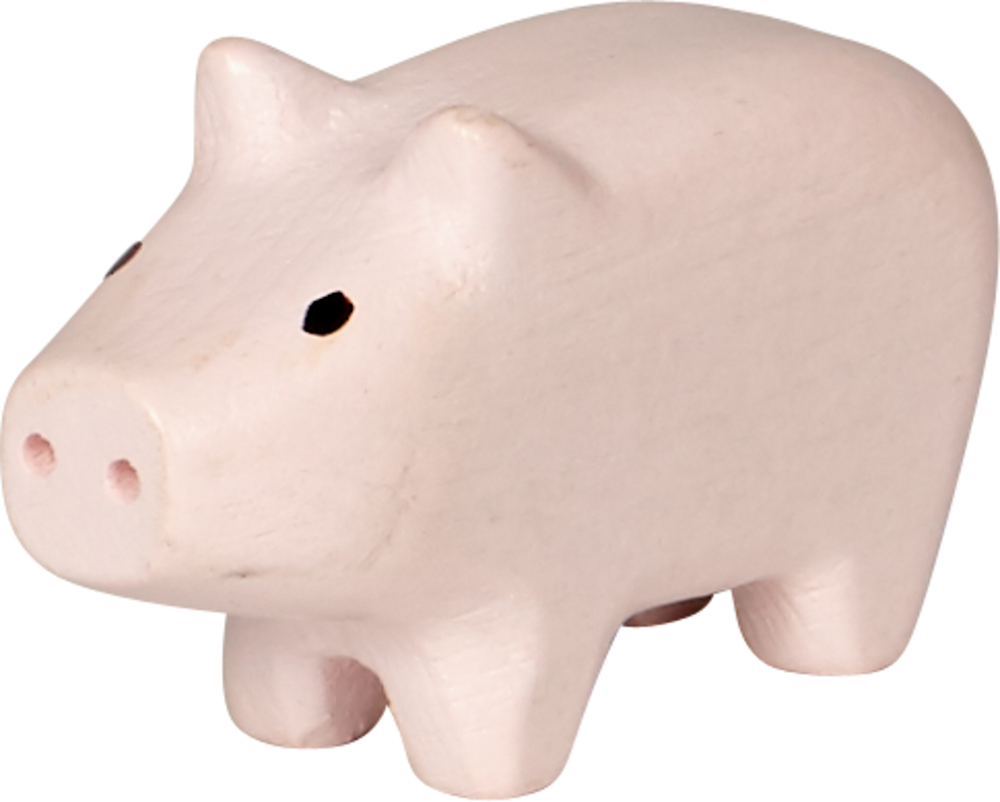 Eine kleine rosa Schweinefigur aus Holz mit einfachen schwarzen Augen und minimalistischem Design.