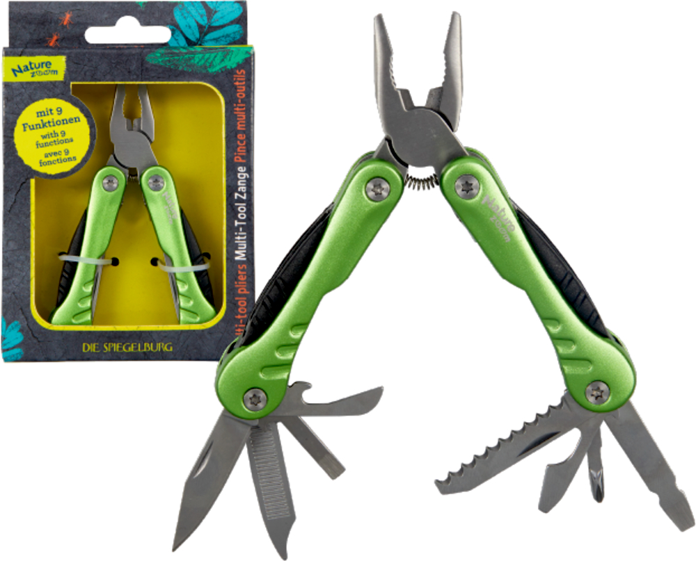Multi-Tool Zange - Nature Zoom Grüne Multifunktionszange mit ausklappbaren Werkzeugen, sowohl verpackt als auch vollständig geöffnet ausgestellt.