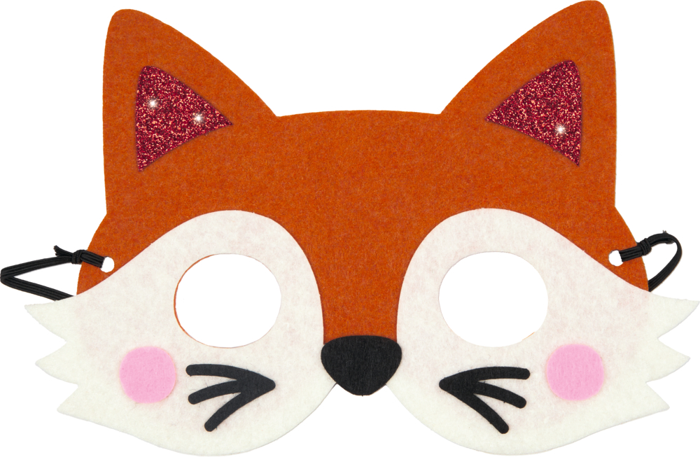 Eine Fuchsmaske aus Filz mit rosa Wangen, schwarzen Schnurrhaaren und glitzernden Ohren.