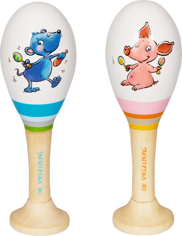 Maraca - Die Lieben Sieben Zwei weiße Maracas mit hellem Holzgriff und Cartoon-Tiermotiven: eine blaue Maus und ein rosa Schwein, die jeweils Maracas halten.