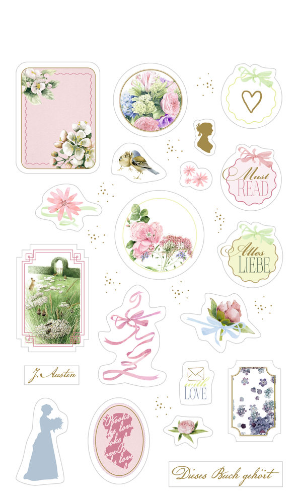 Pastellfarbene florale und romantische Aufkleber mit Blumen, einem Vogel und von Büchern inspirierten Zitaten.