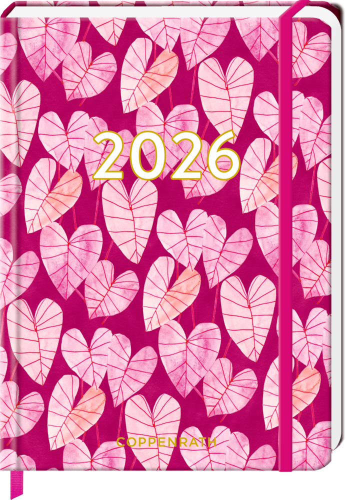 Kleiner Wochenkalender: Mein Jahr 2026 Blätter (All about pink) Planer für 2026 mit rosa Blattmustern auf einem magentafarbenen Einband mit passendem Gummiband.