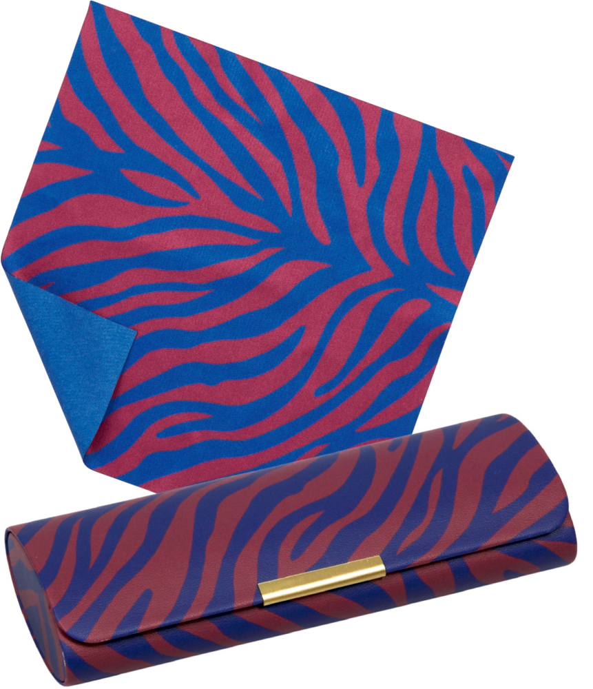 Brillenetui mit rot-blauem Zebrastreifenmuster und passendem Reinigungstuch in denselben Farben.