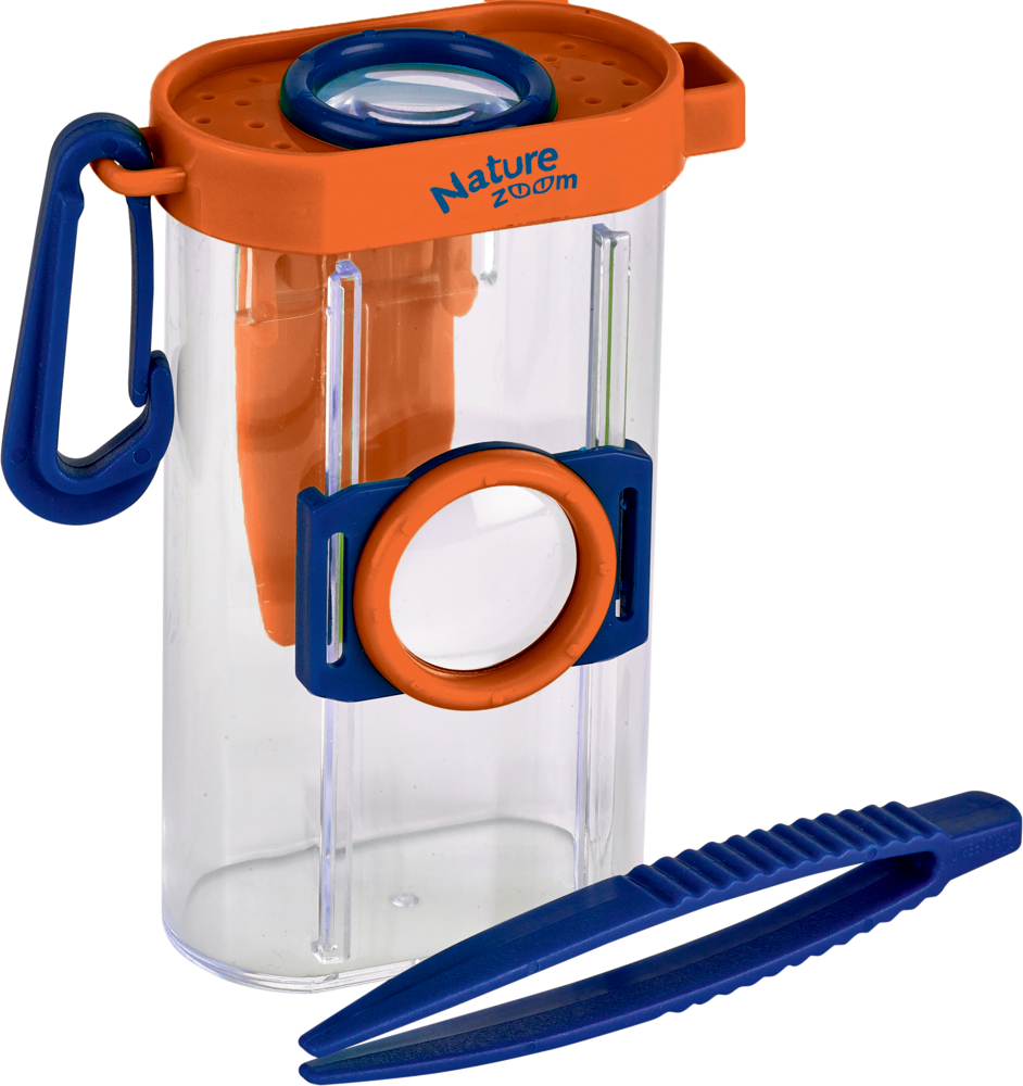 Lupendose Nature Zoom (oval) Behälter zur Insektenbeobachtung mit orange-blauem Deckel, zwei Lupen und blauer Pinzette.