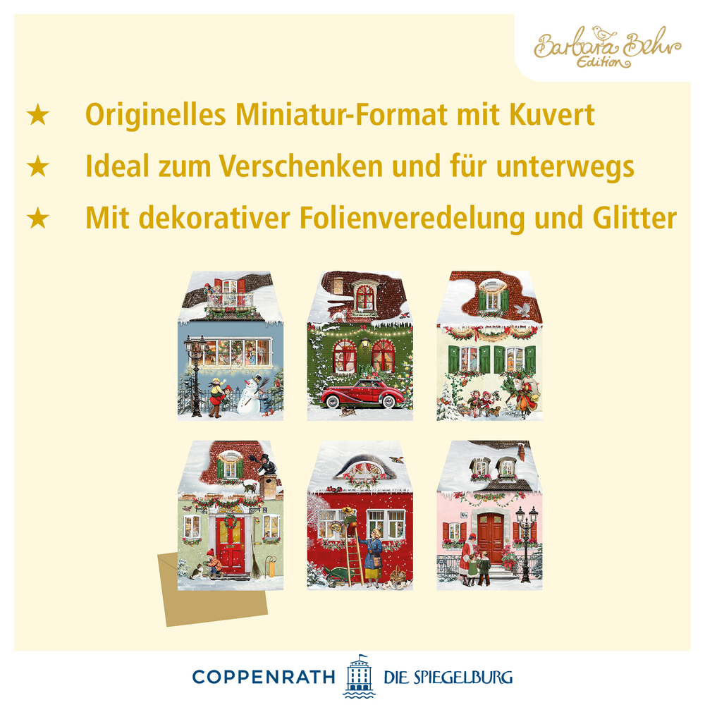 Sechs weihnachtliche Miniaturkarten in Hausform mit winterlichen Motiven und passendem Kuvert.