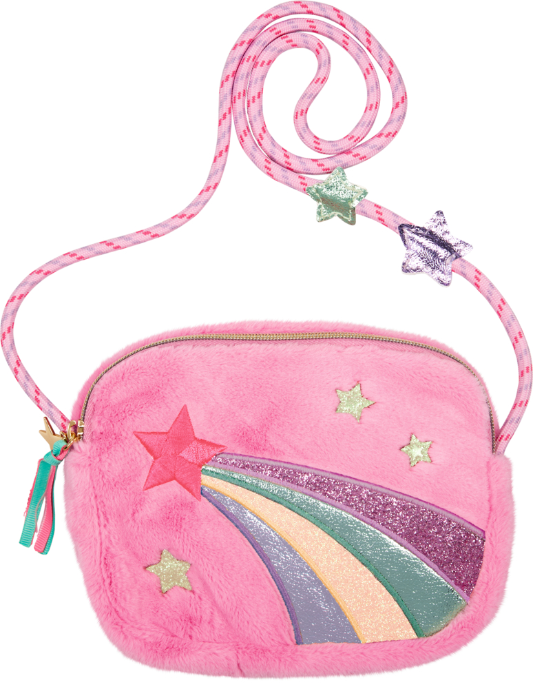 Rosa Plüsch-Tasche mit Regenbogen- und Sternenmuster, rosa Gurt und Stern-Dekorationen.