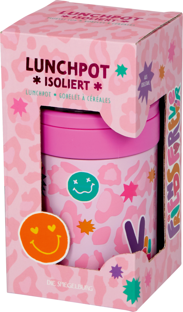Rosa Lunchpot mit bunten Smileys und Sternen, verpackt in einer passenden rosa Box.