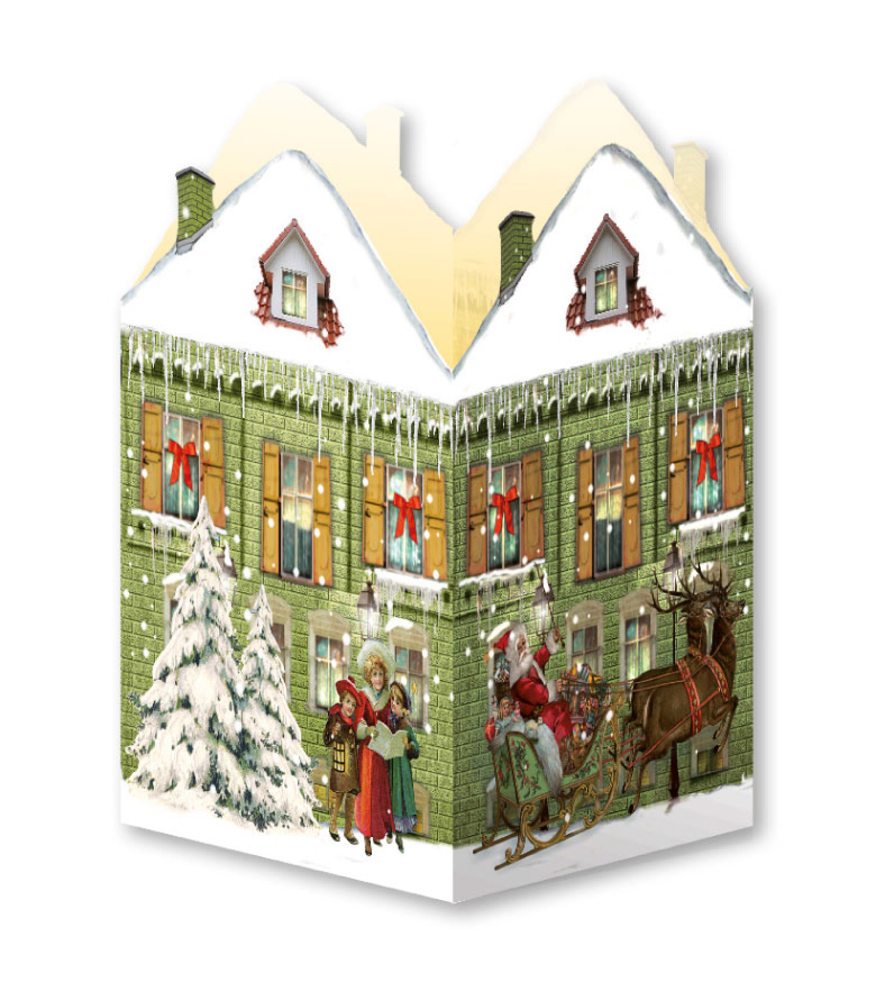 Verschneites grünes Haus, Kinder singen Weihnachtslieder, der Weihnachtsmann im Schlitten, vor dem Rentiere fliegen.