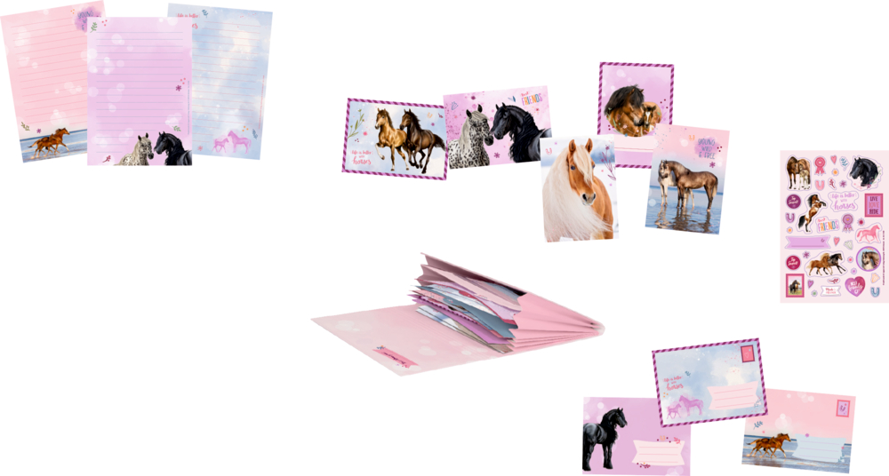 Liniertes, rosafarbenes, mit Pferden illustriertes Papier, Umschläge, Postkarten und Aufkleber.