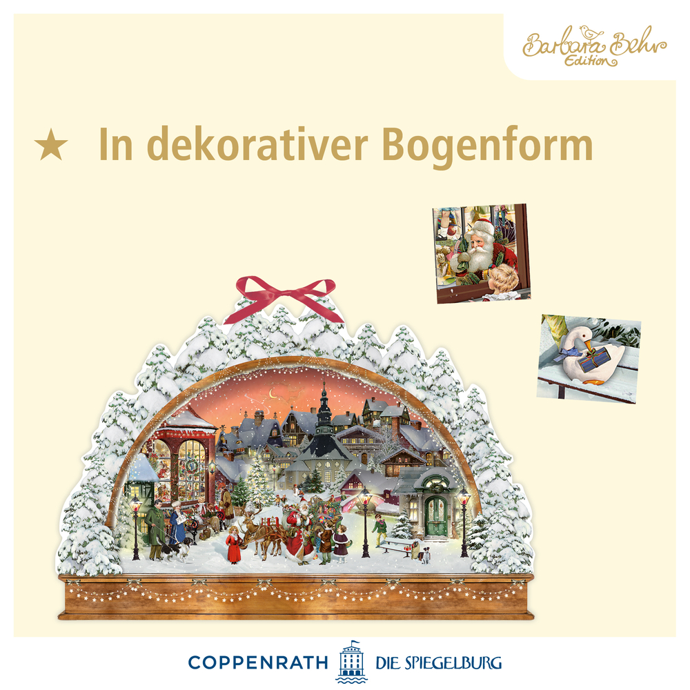 Festlicher Adventskalender mit Bogen, einer verschneiten Dorfszene und Weihnachtsdekorationen.