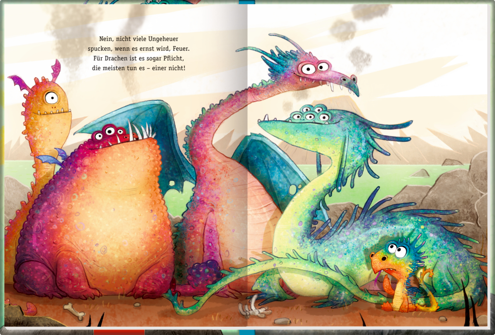 Fünf bunte Drachen versammeln sich auf der Buchseite.