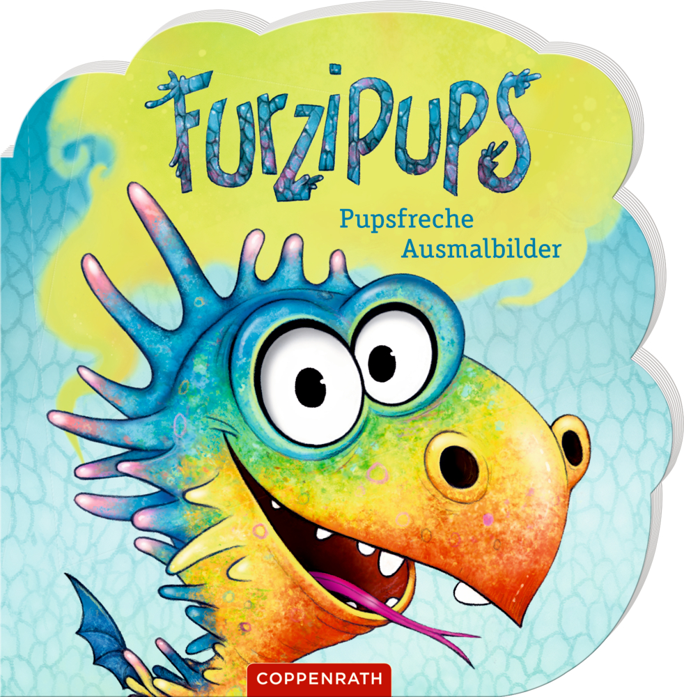 Pupsfreche Ausmalbilder (Furzipups) Verspielter Cartoon-Drache mit großen Augen auf blauem Hintergrund,auf dem Cover von einem Ausmalbuch.