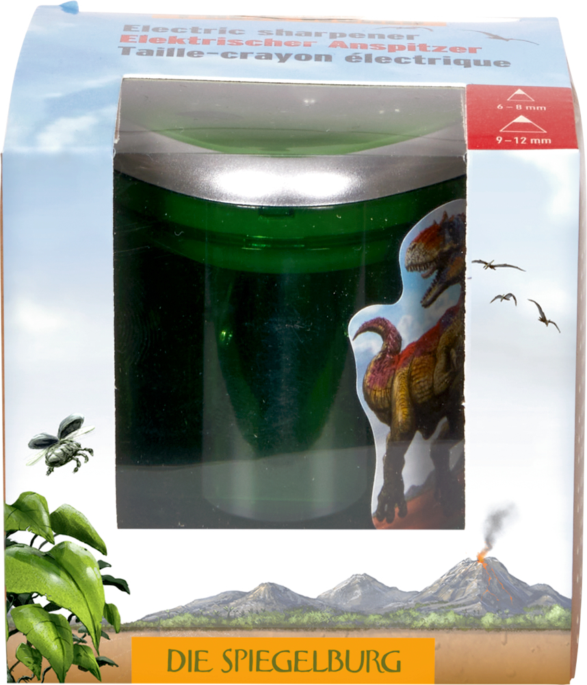 Grüner elektrischer Anspitzer mit Dino-Motiv in Verpackung. mit Sichtfenster.