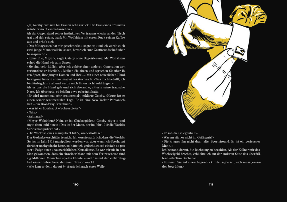 Buchdoppelseite mit weißem Text auf schwarzem Hintergrund und gelb-weißer Illustration zweier Hände.