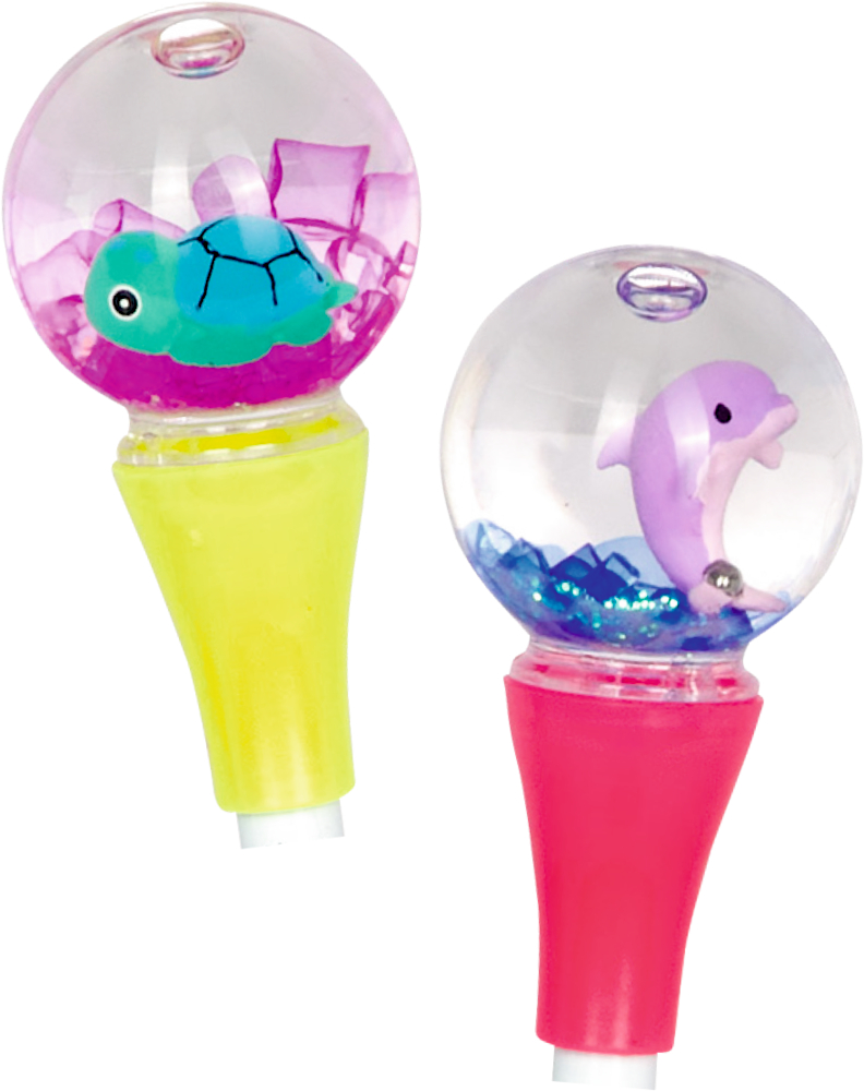 Zwei bunte Stiftaufsätze mit Kunststoffkugeln, darin eine Schildkröte und ein Delfin.