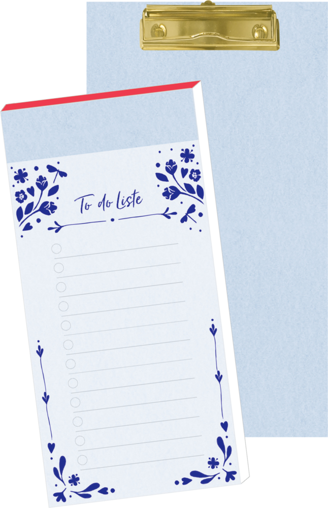Notizblock mit der Aufschrift „To do Liste“, blauer Blumenverzierung und roten Randstreifen auf hellblauem Klemmbrett mit goldener Klemme.