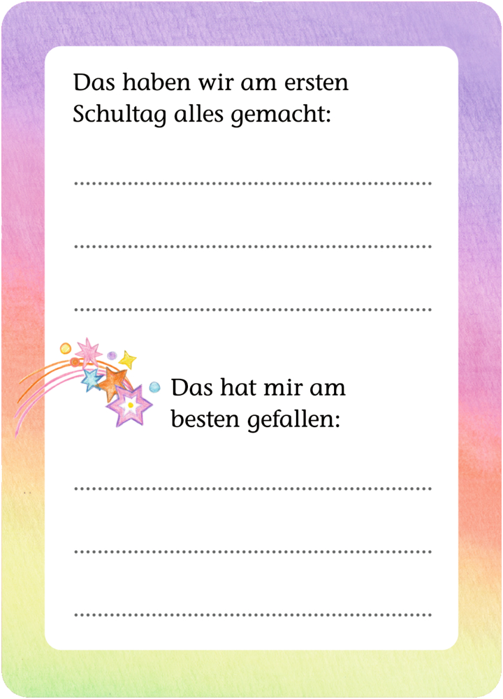 Bunt gestaltetes Arbeitsblatt mit zwei Feldern zum Beschriften, Motiv Schule, weißer Hintergrund.