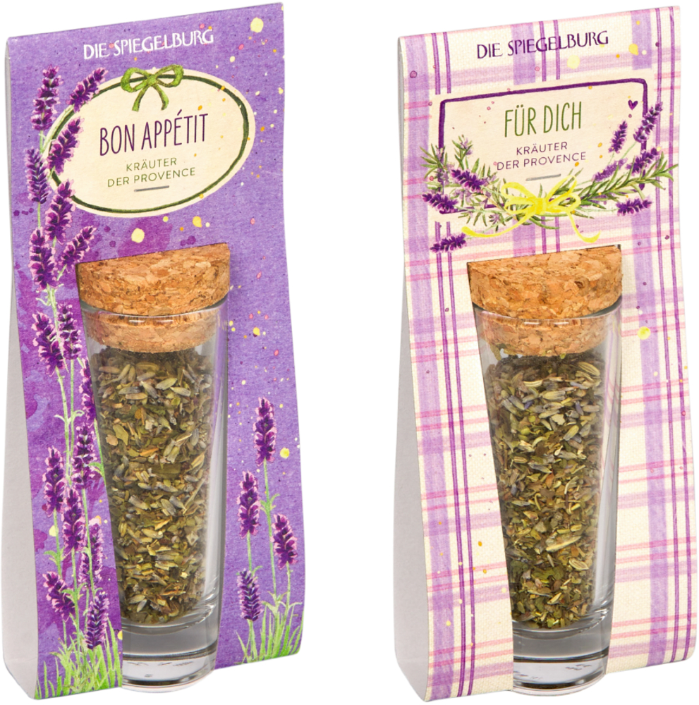 Zwei Glasröhren mit Korken, gefüllt mit Kräutern, in lila und rosa Lavendel-Verpackung.