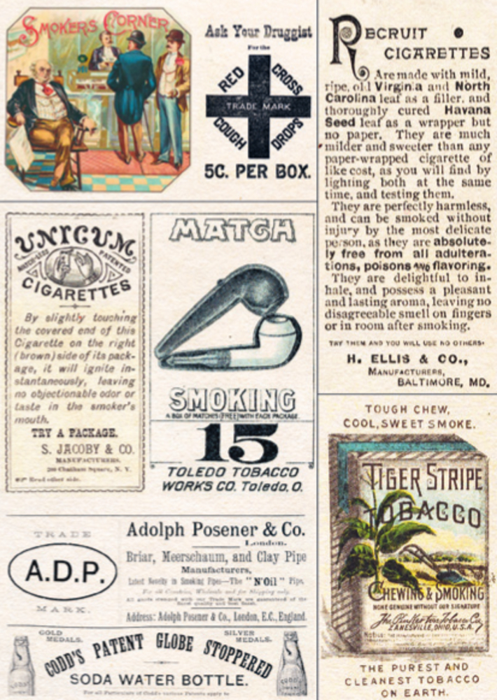 Beilage, Collage aus Vintage-Zigaretten- und Tabakwerbung mit verzierten Schriften und illustrierten Etiketten.