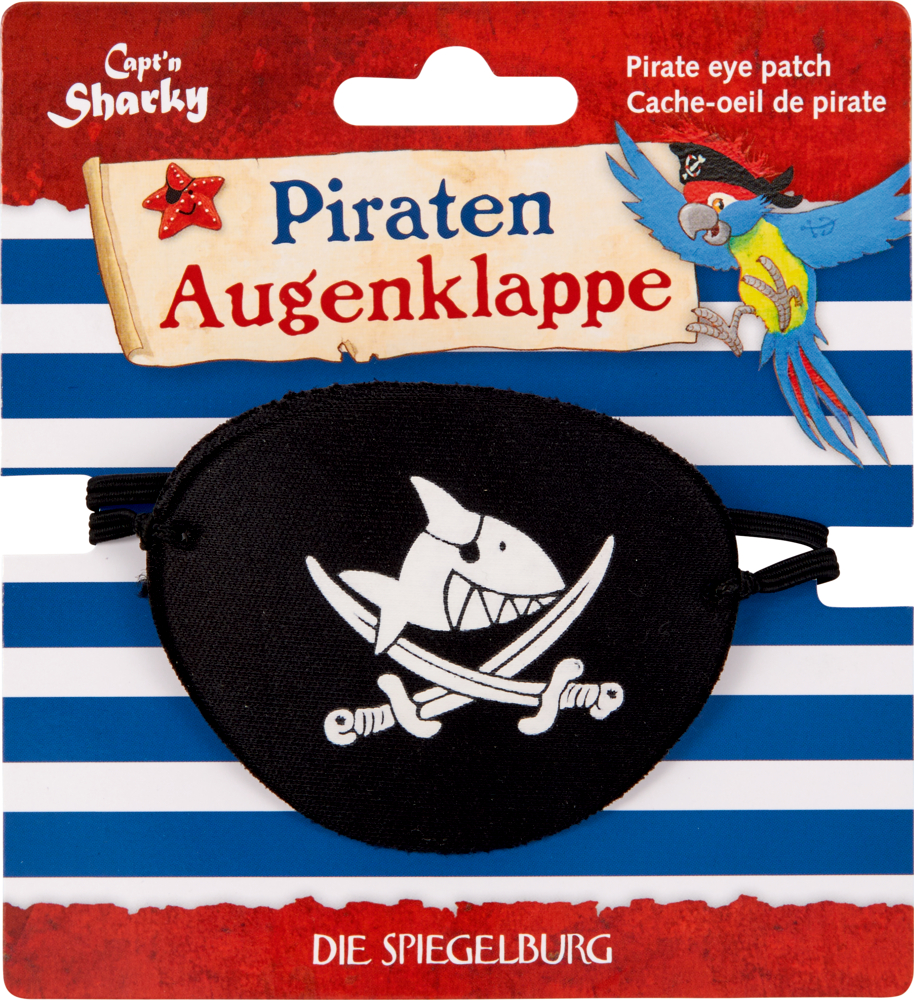 Schwarze Piraten-Augenklappe mit weißem Hai und Schwertern auf gestreifter Packung mit Papagei.