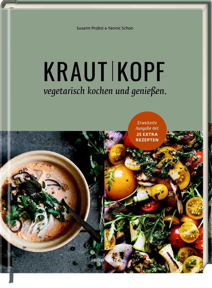 Krautkopf - Vegetarisch kochen und genießen (Erweiterte Neuauflage) Krautkopf-Buchcover mit Fotos von vegetarischen Gerichten, frischen Kräutern und buntem Gemüse.