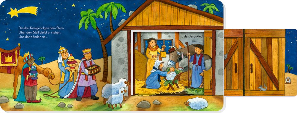Illustration der Heiligen Nacht: Die drei Weisen besuchen das Jesuskind im Stall unter sternenklarem Himmel.