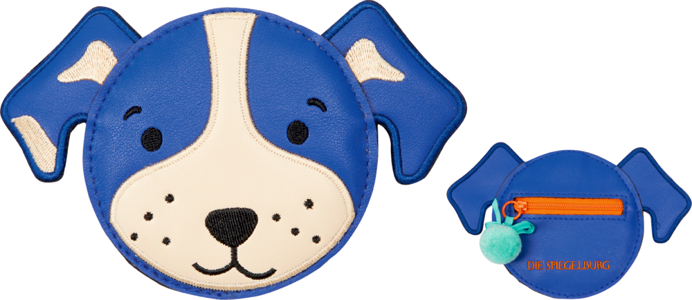 Hund, Kleines Portmonee Bunte Geschenke (Tierkopf) Runde blaue Geldbörse in Hundeform mit einer kleinen orangefarbenen Reißverschlusstasche hinten.
